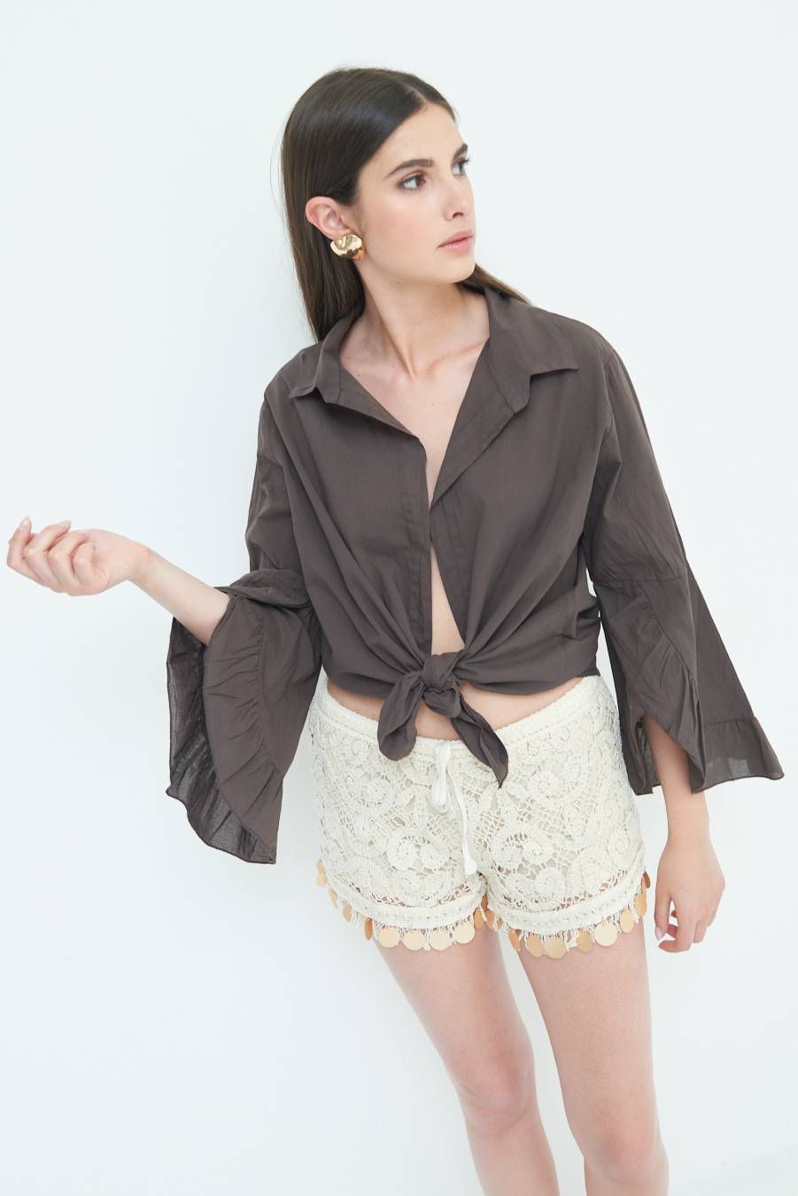 Kikisix CAMICIA MUSSOLA CON NODO CIOCCOLATO Saldi Di Fabbrica