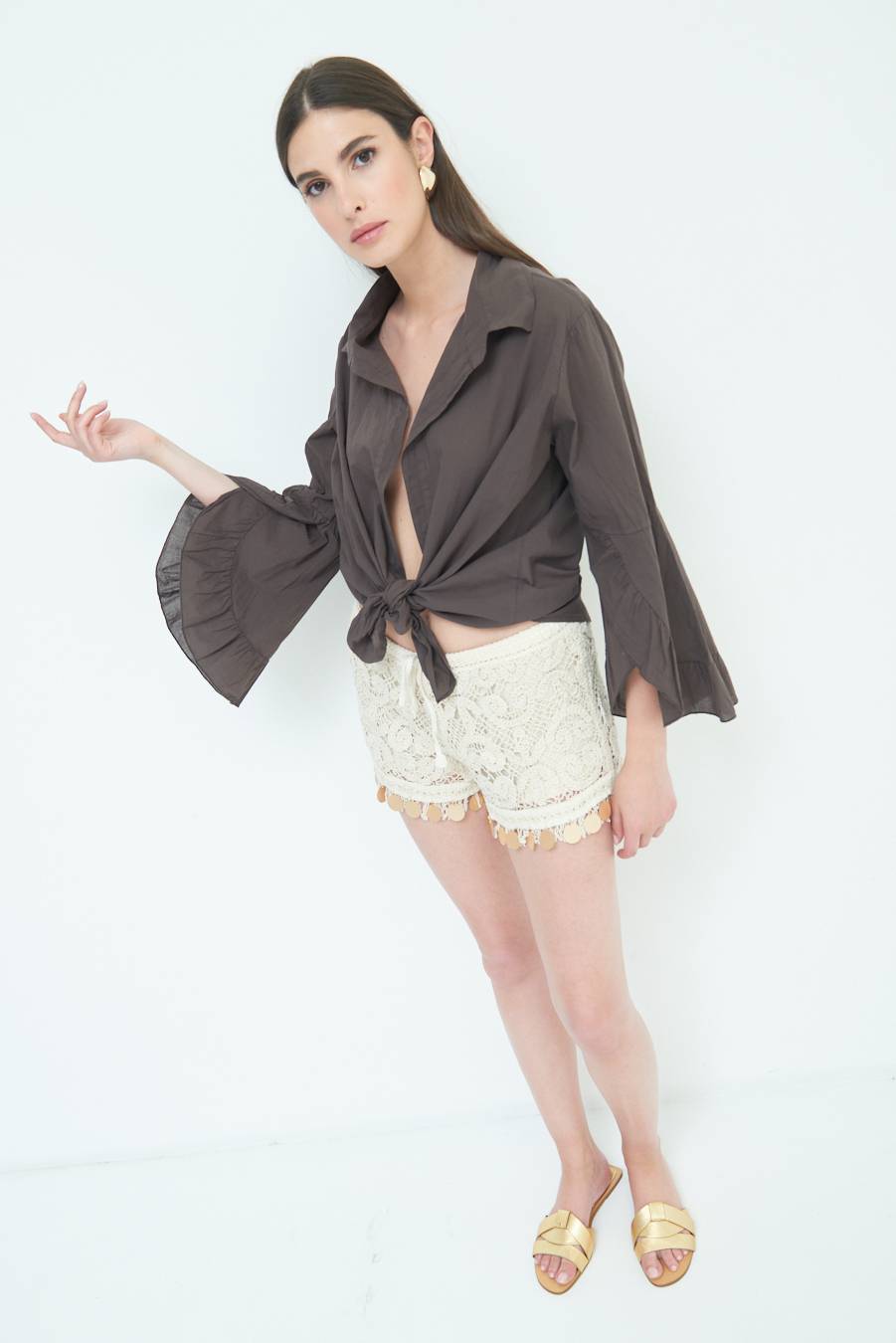 Kikisix CAMICIA MUSSOLA CON NODO CIOCCOLATO Saldi Di Fabbrica