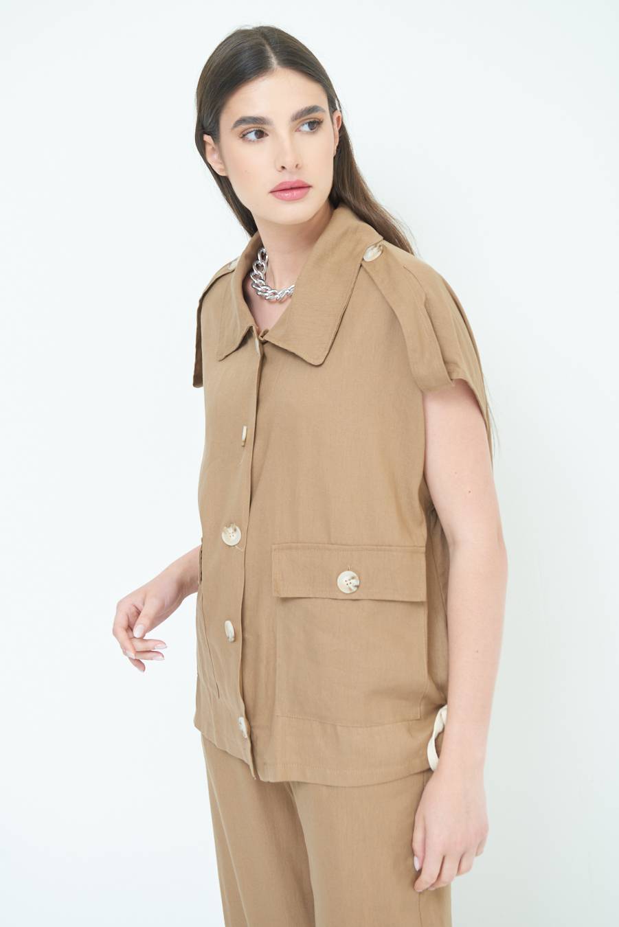 Kikisix GIACCA CAMICIA CON TASCHE VISCOSA LINO TABACCO Negozio