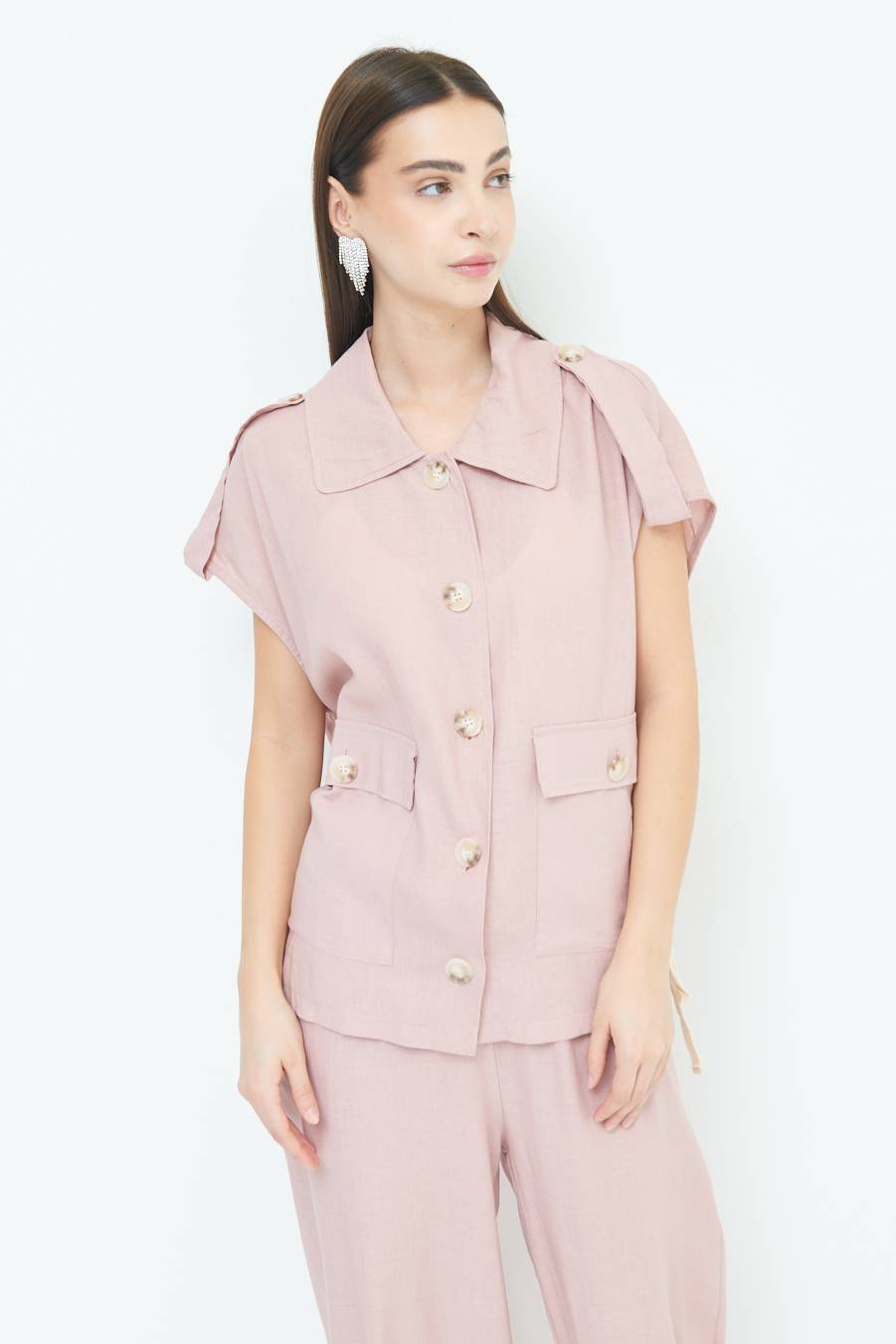Kikisix GIACCA CAMICIA CON TASCHE VISCOSA LINO ROSA In Saldo
