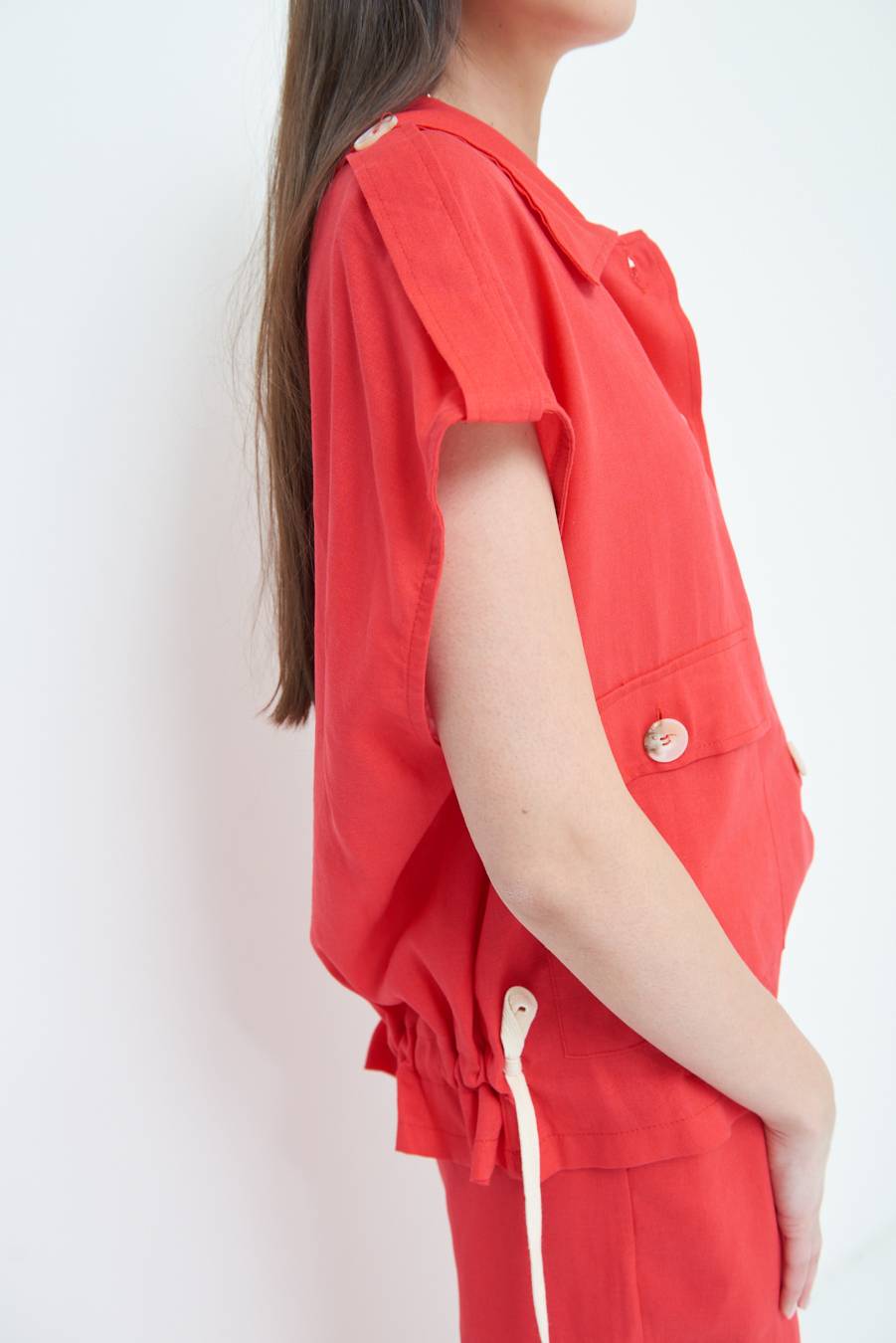 Kikisix GIACCA CAMICIA CON TASCHE VISCOSA LINO ROSSO Nuova