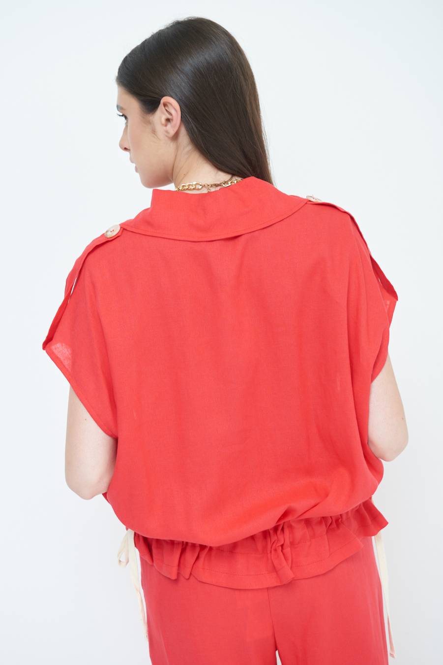 Kikisix GIACCA CAMICIA CON TASCHE VISCOSA LINO ROSSO Nuova