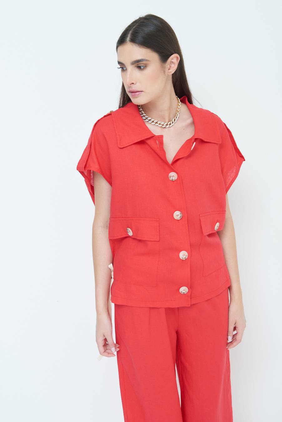 Kikisix GIACCA CAMICIA CON TASCHE VISCOSA LINO ROSSO Nuova