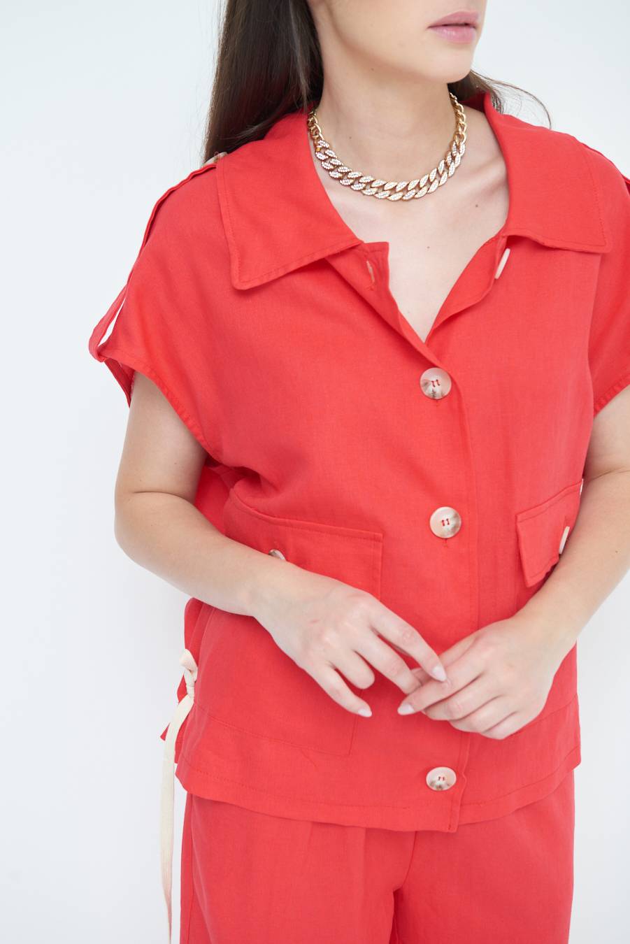 Kikisix GIACCA CAMICIA CON TASCHE VISCOSA LINO ROSSO Nuova