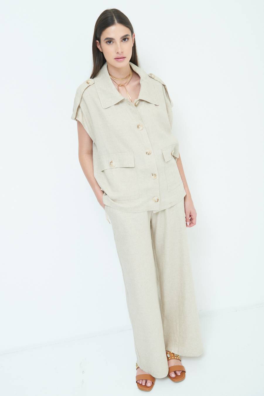 Kikisix GIACCA CAMICIA CON TASCHE VISCOSA LINO NATURALE Moda