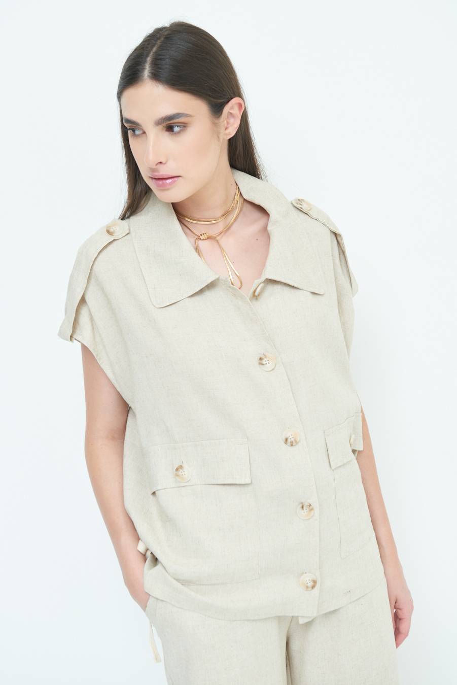 Kikisix GIACCA CAMICIA CON TASCHE VISCOSA LINO NATURALE Moda
