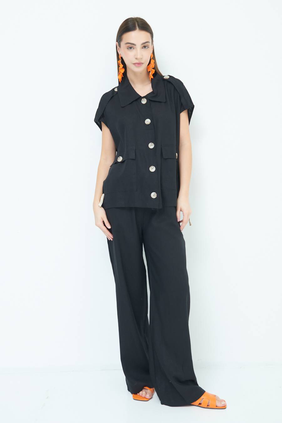 Kikisix GIACCA CAMICIA CON TASCHE VISCOSA LINO NERO 2025