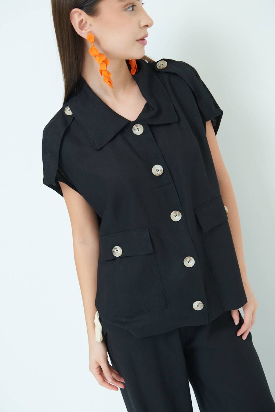 Kikisix GIACCA CAMICIA CON TASCHE VISCOSA LINO NERO 2025