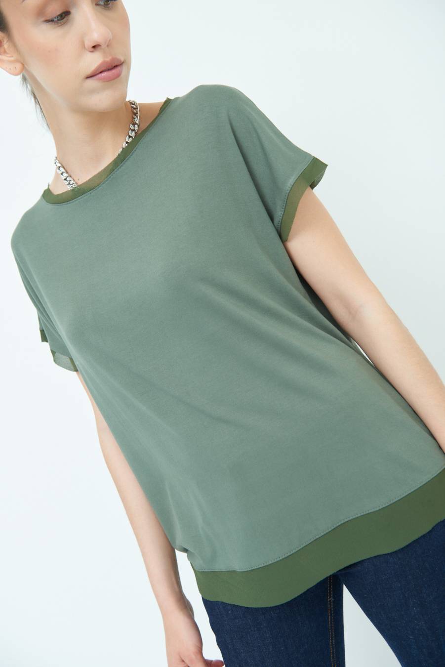 Kikisix MAGLIA PROFILO GEORGETTE VERDE MILITARE Nuovo