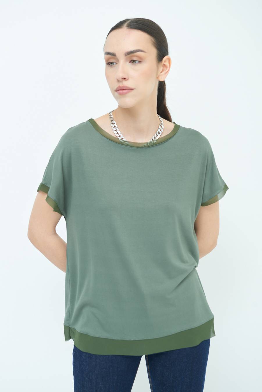 Kikisix MAGLIA PROFILO GEORGETTE VERDE MILITARE Nuovo