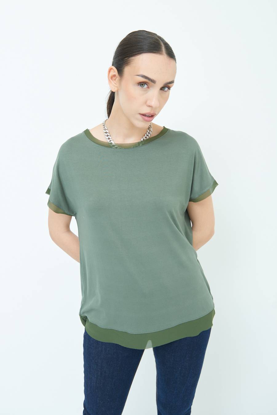 Kikisix MAGLIA PROFILO GEORGETTE VERDE MILITARE Nuovo