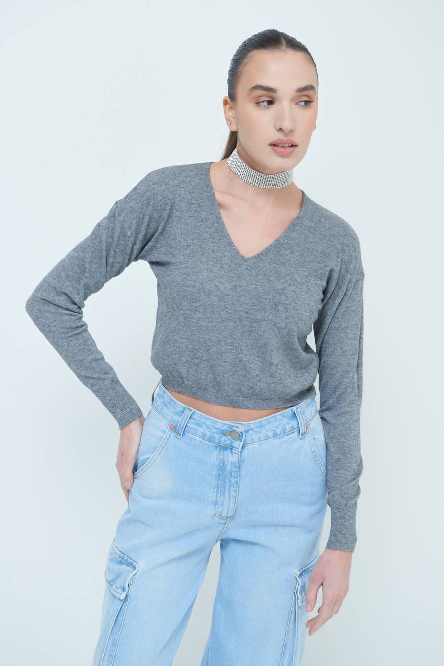 Kikisix MAGLIA SCOLLO V CORTA GRIGIO Acquista Ora