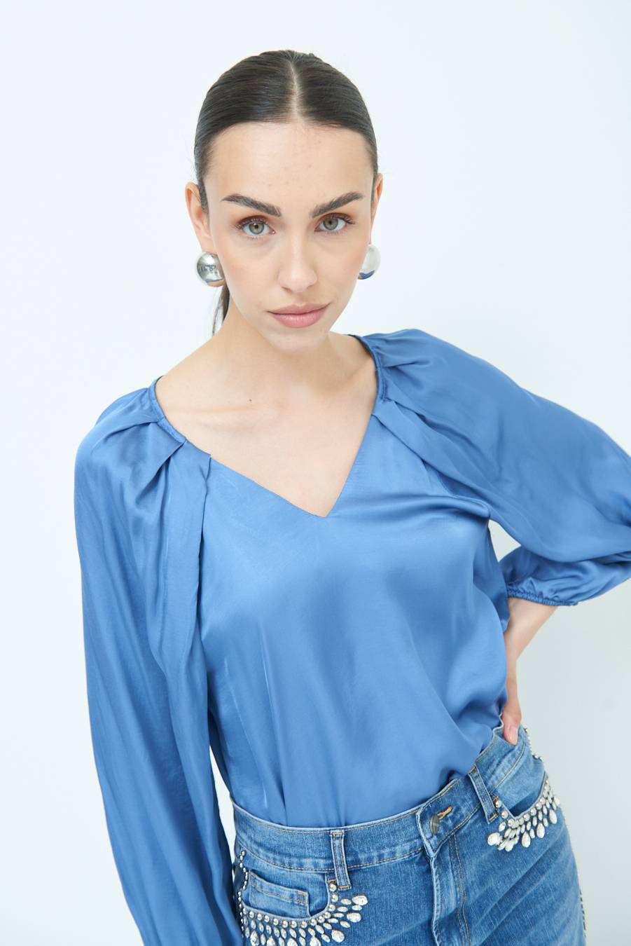 Kikisix CASACCA SCOLLO V RASO VISCOSA POLVERE Vendita Calda