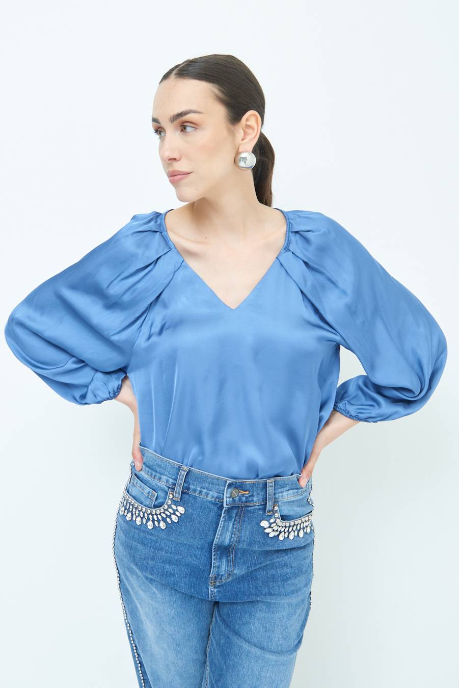 Kikisix CASACCA SCOLLO V RASO VISCOSA POLVERE Vendita Calda