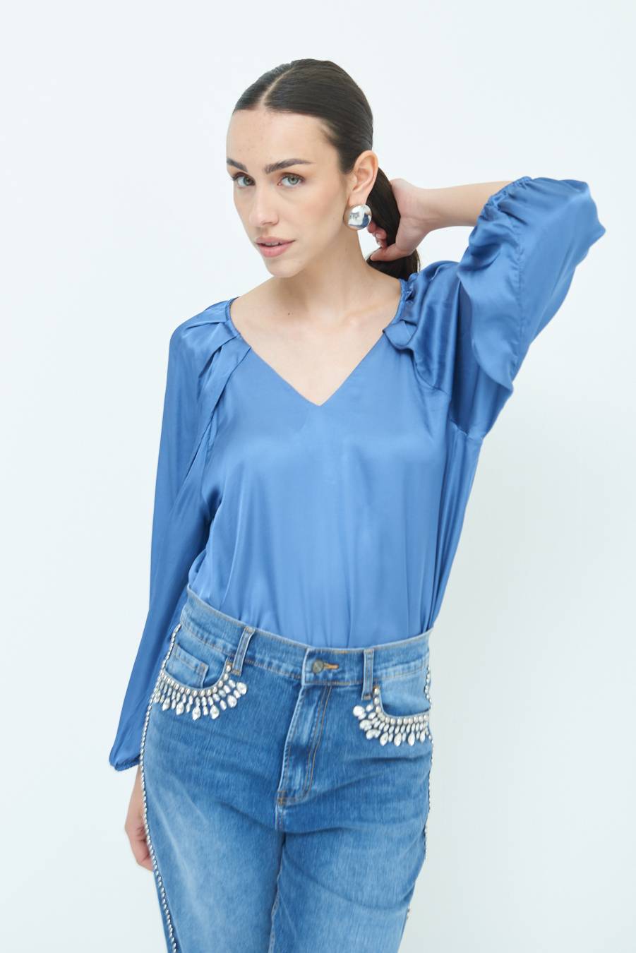 Kikisix CASACCA SCOLLO V RASO VISCOSA POLVERE Vendita Calda
