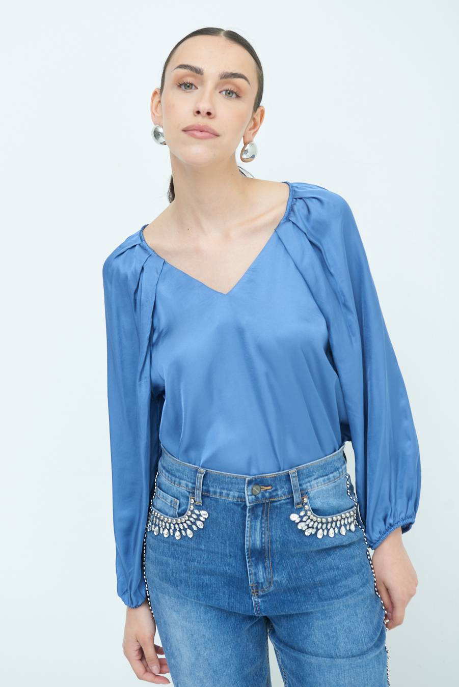 Kikisix CASACCA SCOLLO V RASO VISCOSA POLVERE Vendita Calda