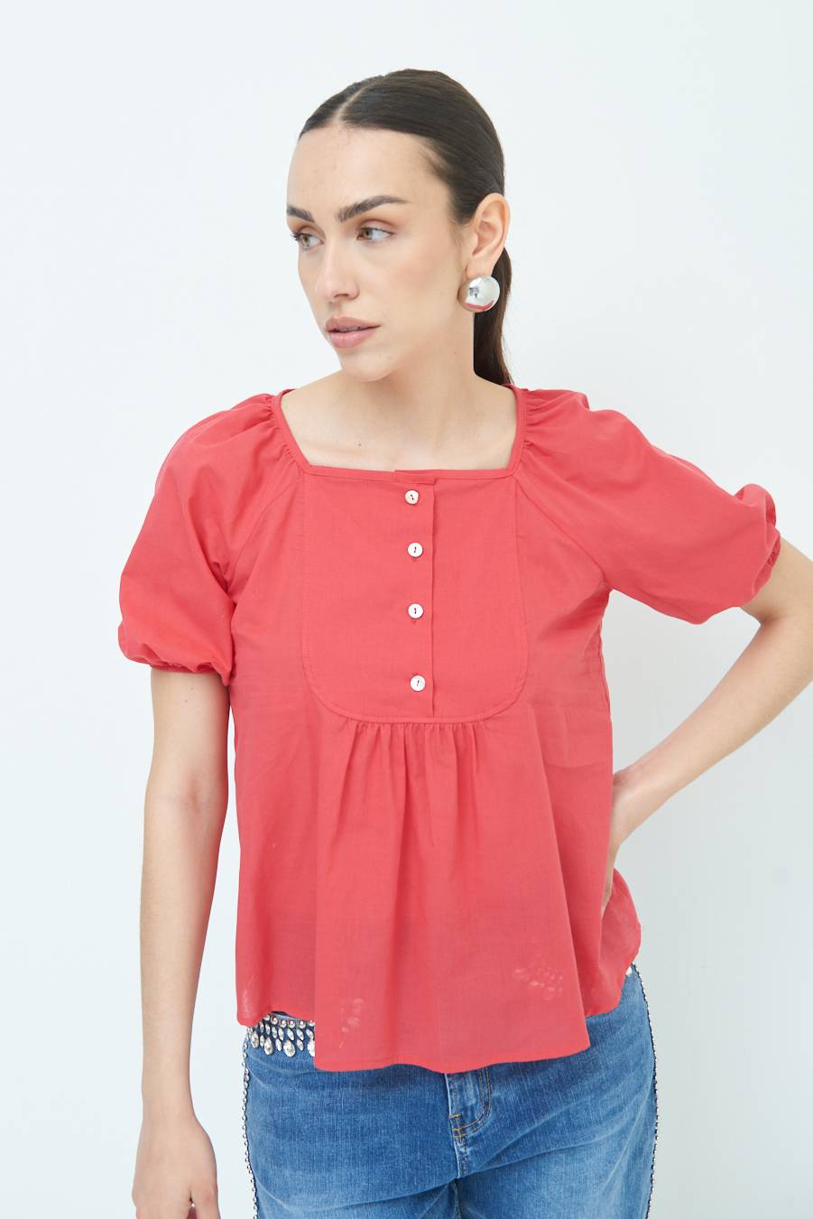 Kikisix CAMICIA CON BOTTONCINI DAV. COTONE ROSSO Online Outlet