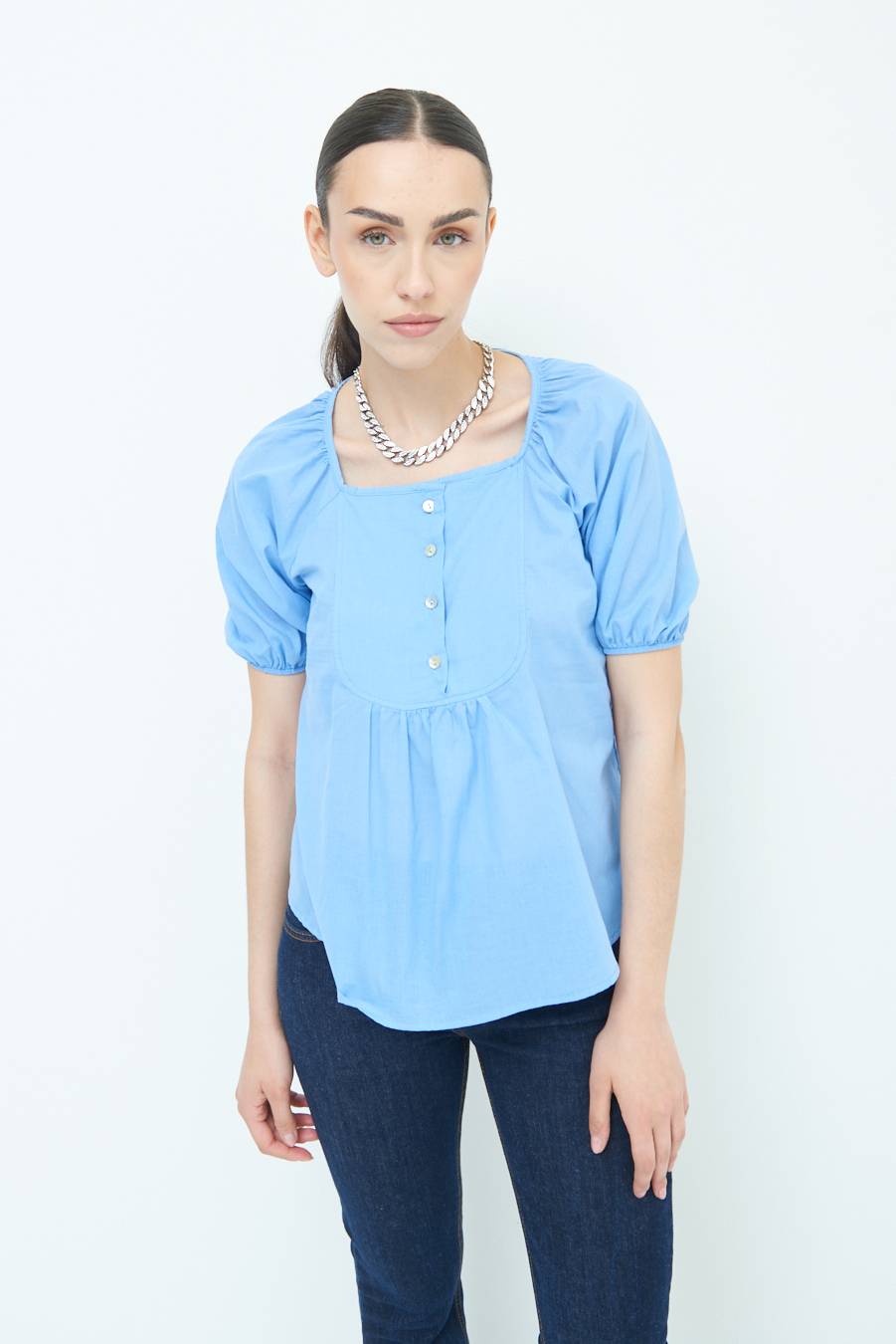 Kikisix CAMICIA CON BOTTONCINI DAV. COTONE CELESTE 2025