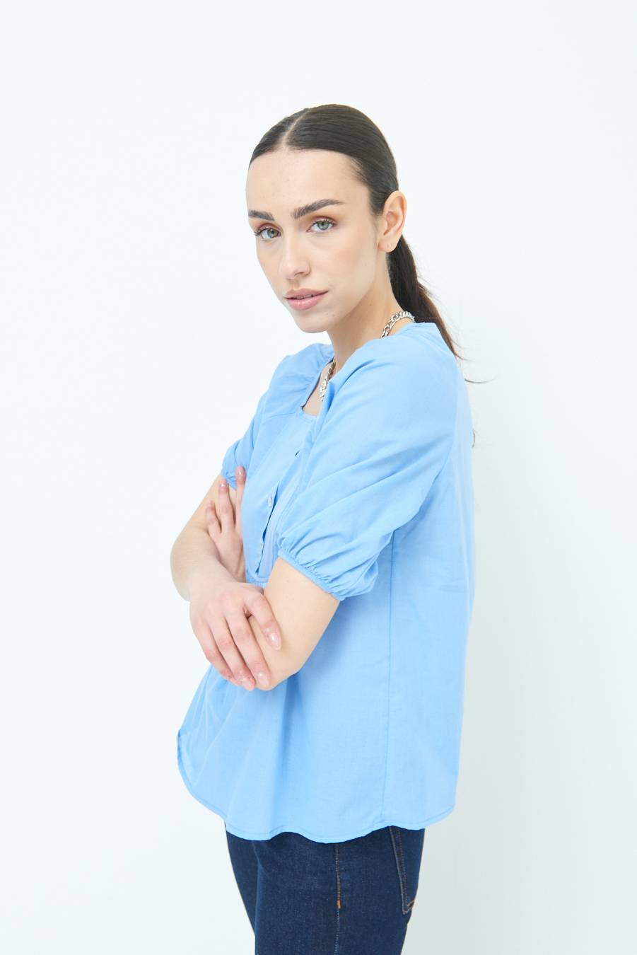 Kikisix CAMICIA CON BOTTONCINI DAV. COTONE CELESTE 2025