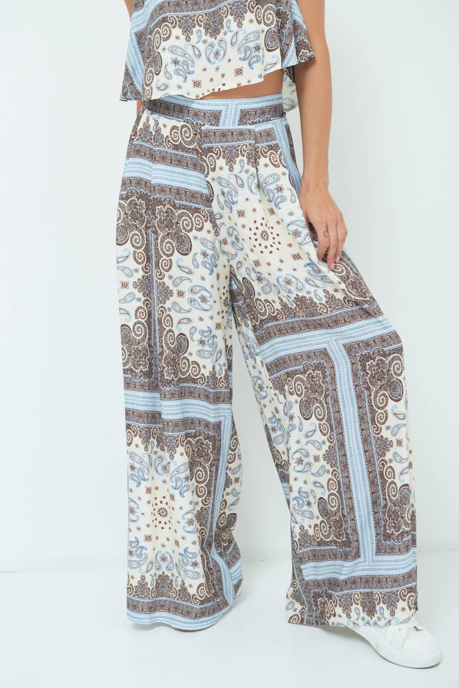 Kikisix PANTA PALAZZO CON PINCE STAMPA BIANCO Sconto