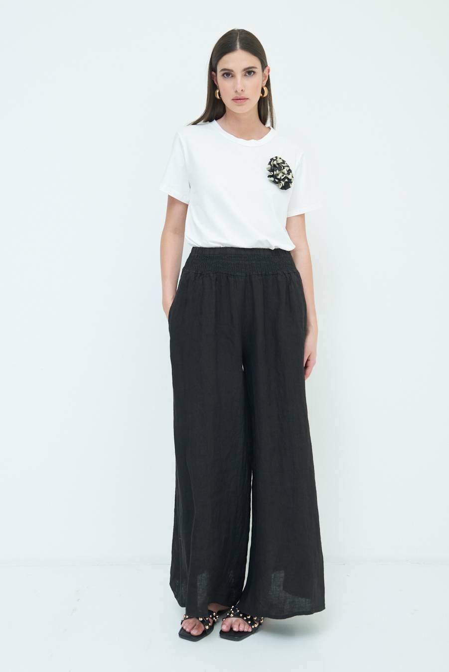 Kikisix PANTA PALAZZO LINO CON ELASTICI NERO I Più Venduti