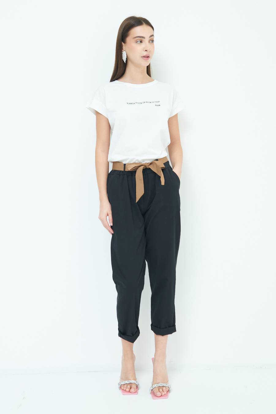 Kikisix PANTALONE DRITTO CON RISVOLTO NERO Nuova