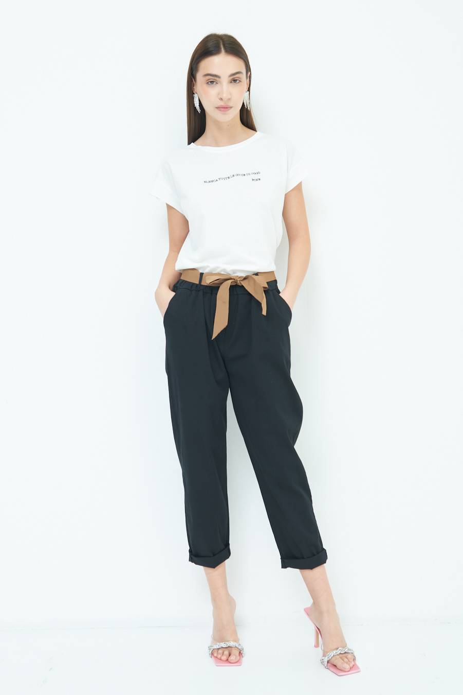 Kikisix PANTALONE DRITTO CON RISVOLTO NERO Nuova