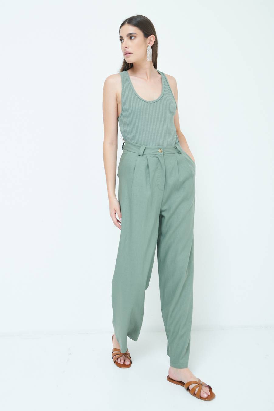 Kikisix PANTA PALAZZO CON PINCE VERDE MILITARE Italy