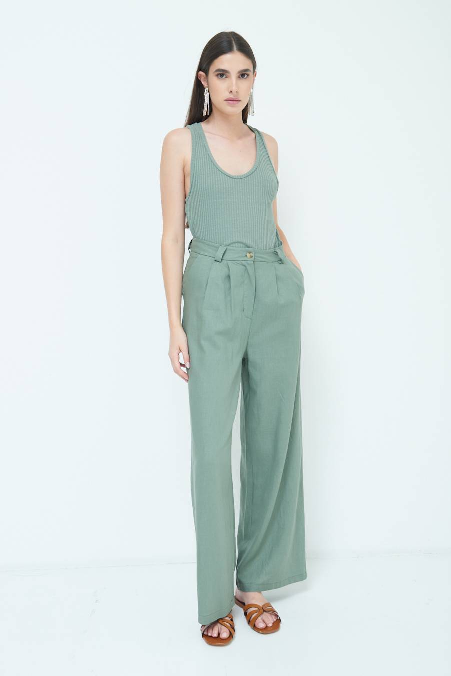 Kikisix PANTA PALAZZO CON PINCE VERDE MILITARE Italy