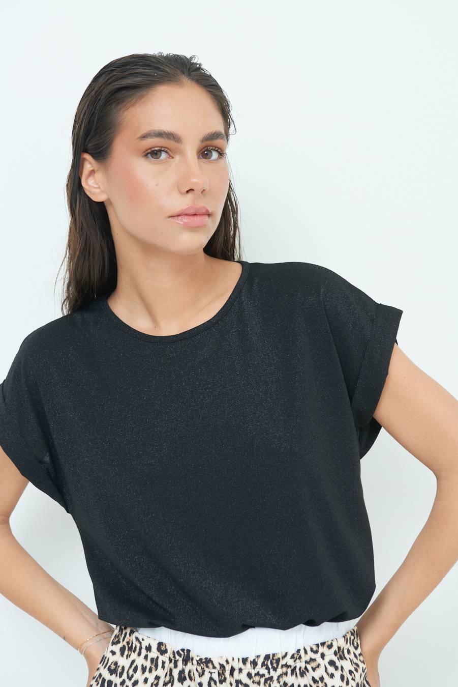 Kikisix T-SHIRT OVER CON RISVOLTO LUREX NERO Vendita Calda