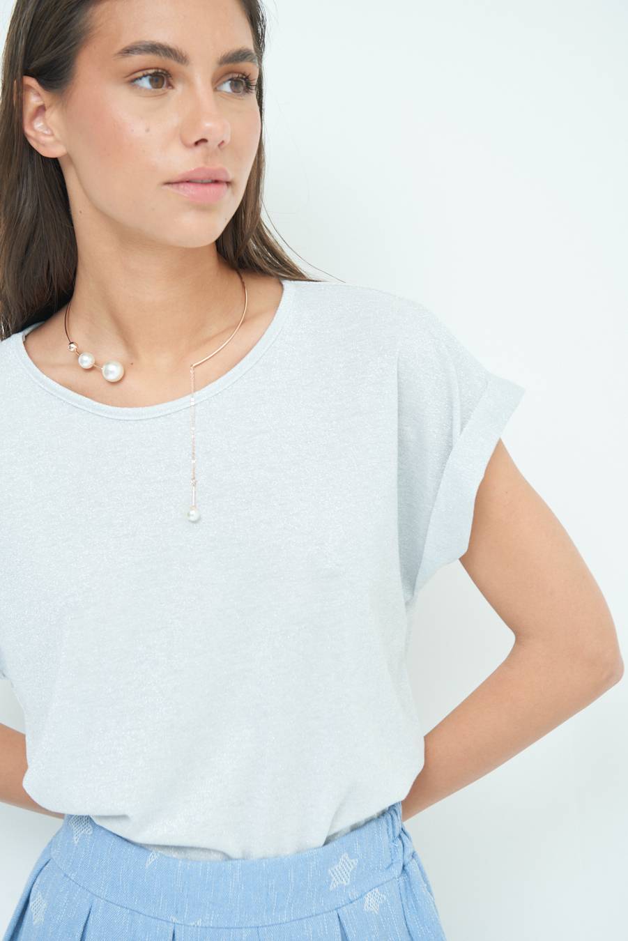 Kikisix T-SHIRT OVER CON RISVOLTO LUREX ARGENTO Vendita Economica