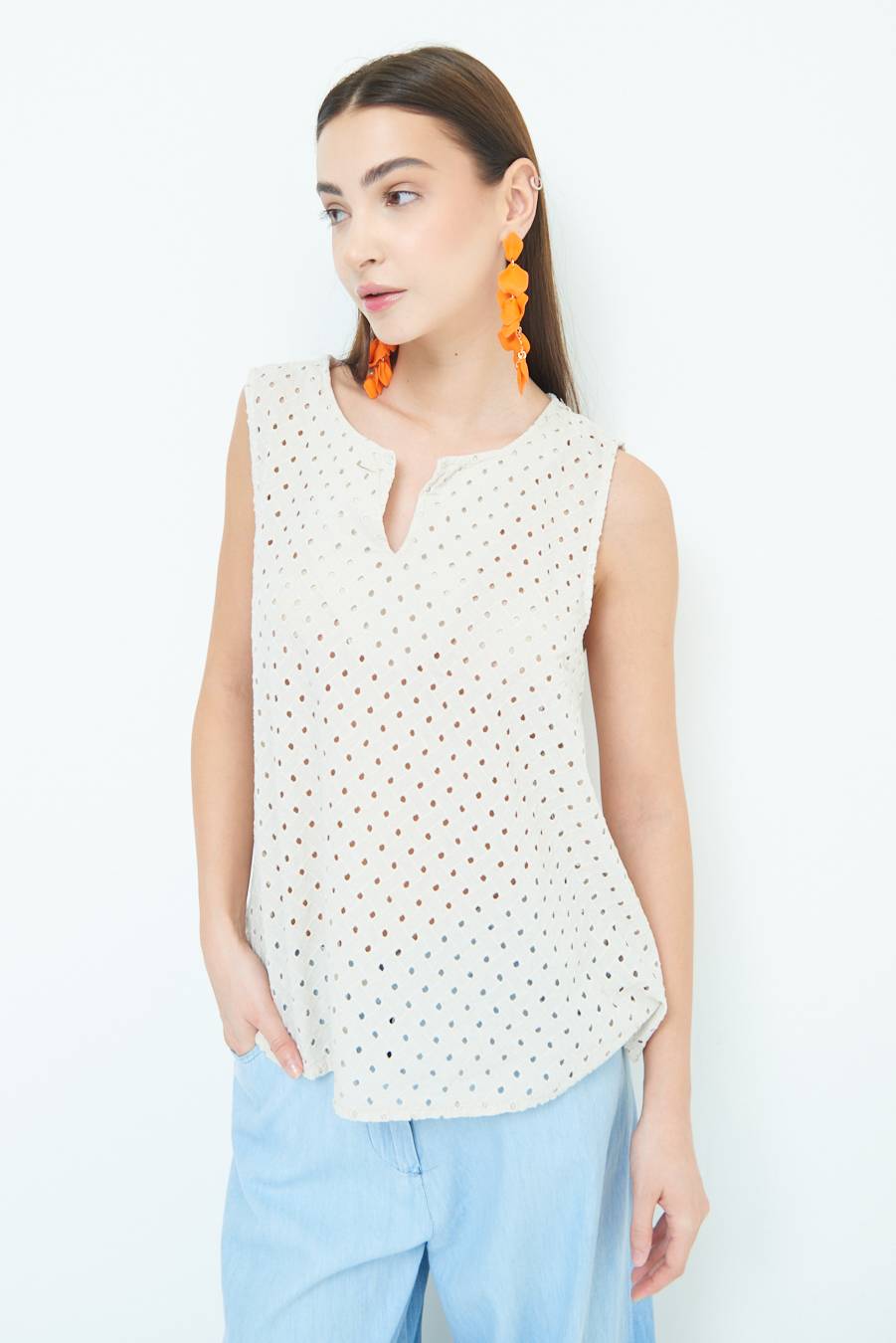 Kikisix TOP SMANICATO SANGALLO SABBIA Sconto