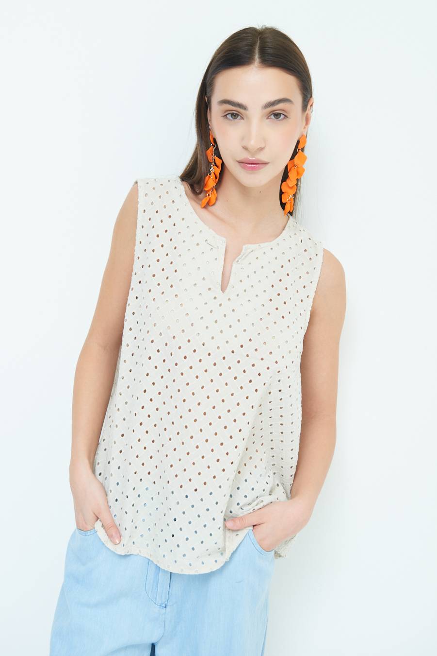 Kikisix TOP SMANICATO SANGALLO SABBIA Sconto
