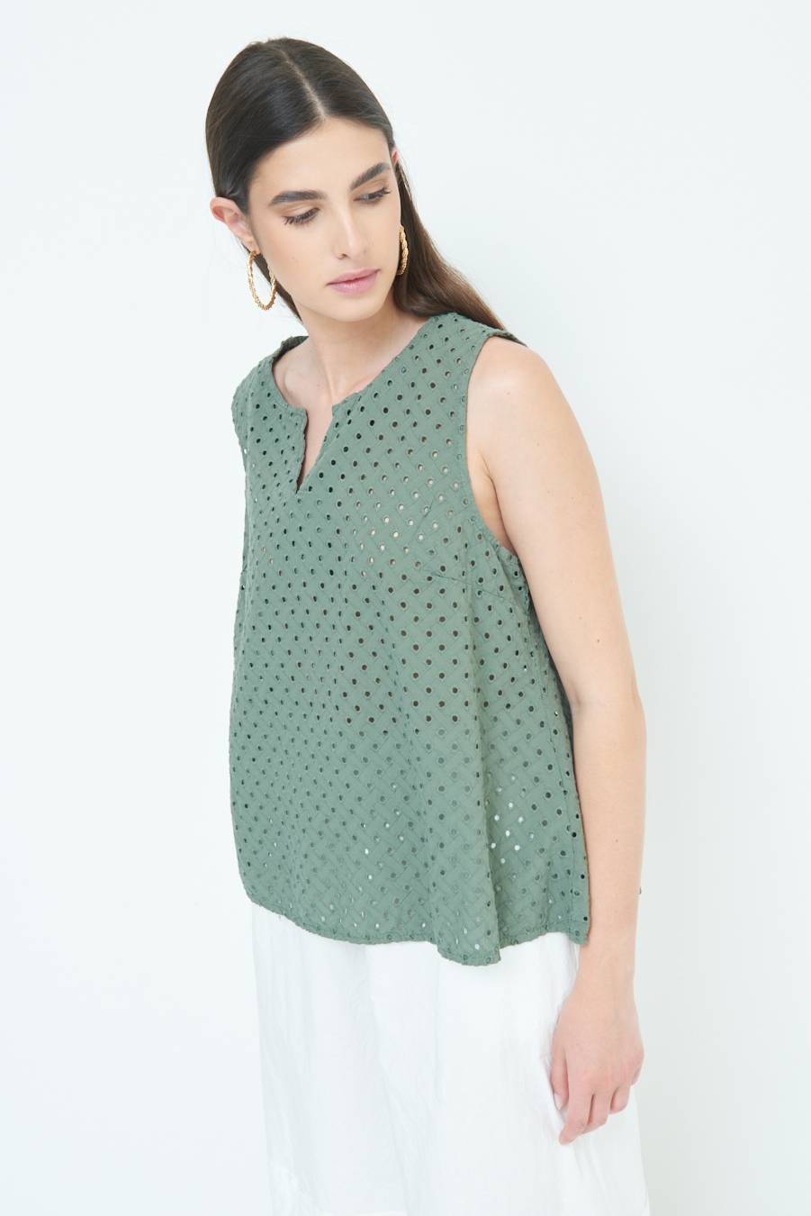 Kikisix TOP SMANICATO SANGALLO VERDE MILITARE Offerta