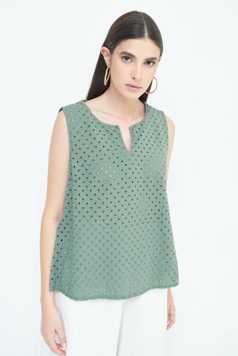 Kikisix TOP SMANICATO SANGALLO VERDE MILITARE Offerta