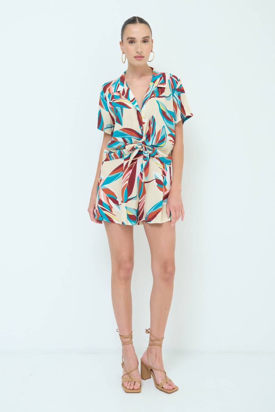 Kikisix CAMICIA ANNODATA STAMPATA A FOGLIE COLORATE ACQUA Ultimi tre giorni