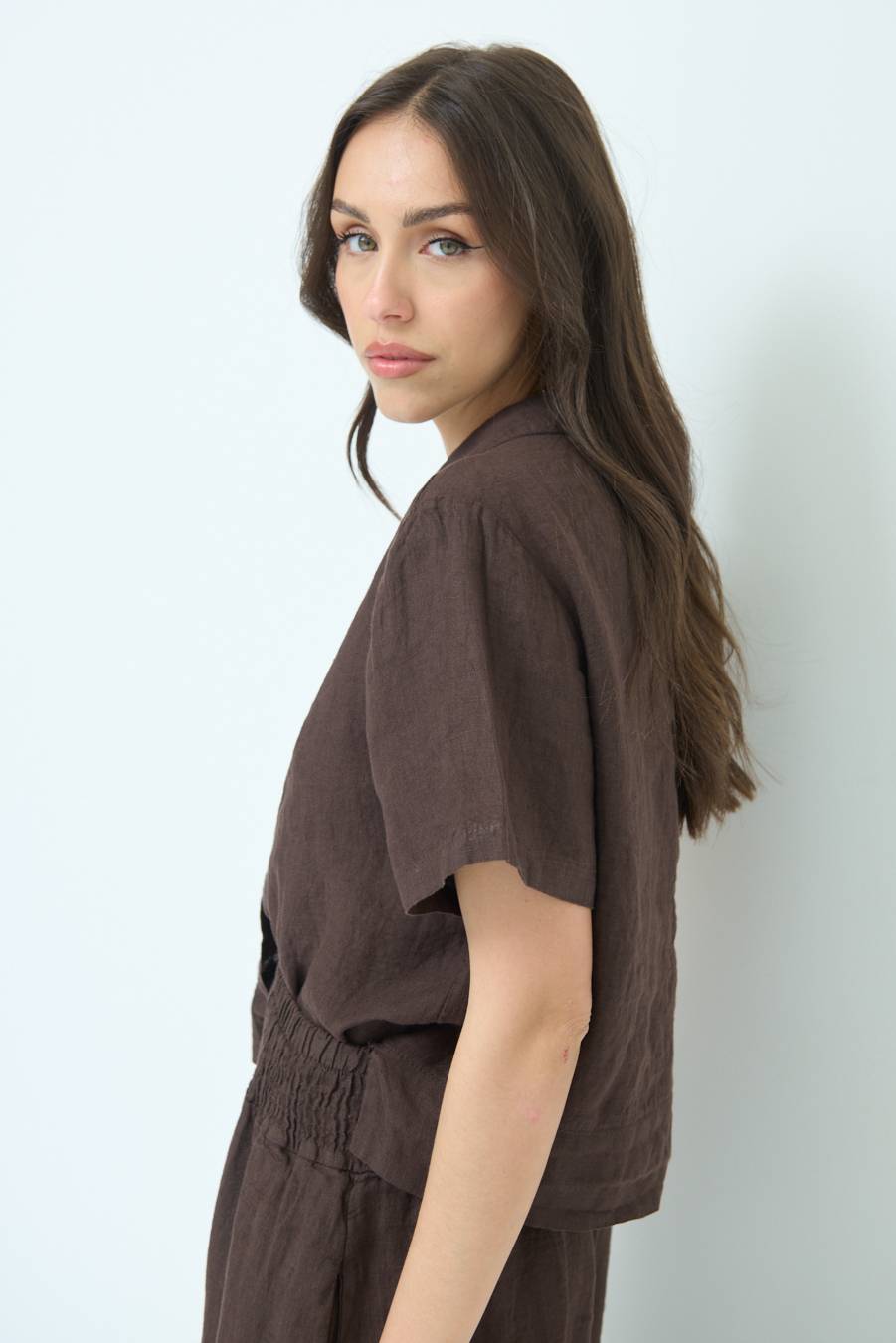 Kikisix CAMICIA LINO MEZZA MANICA CIOCCOLATO In Vendita