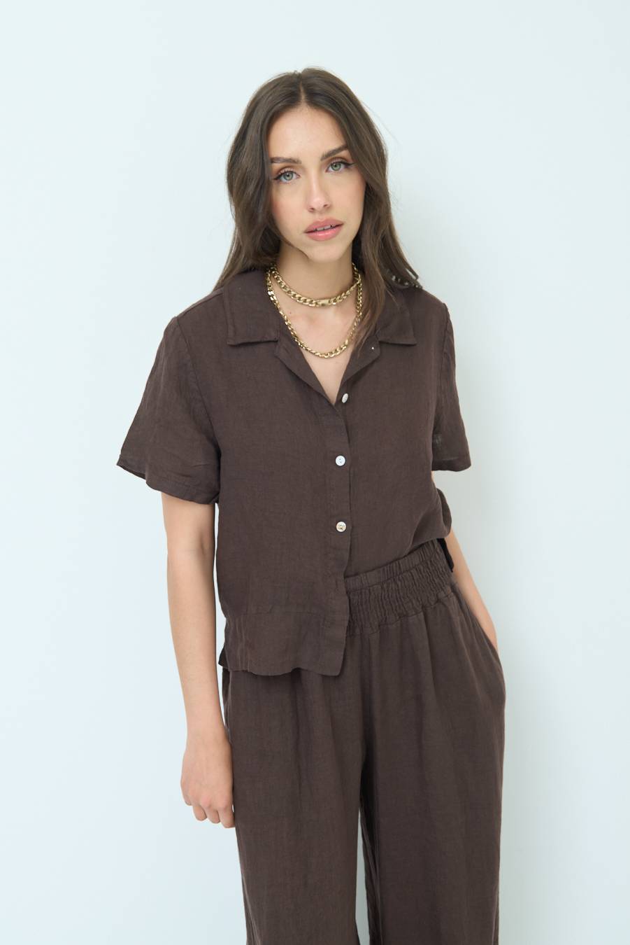 Kikisix CAMICIA LINO MEZZA MANICA CIOCCOLATO In Vendita