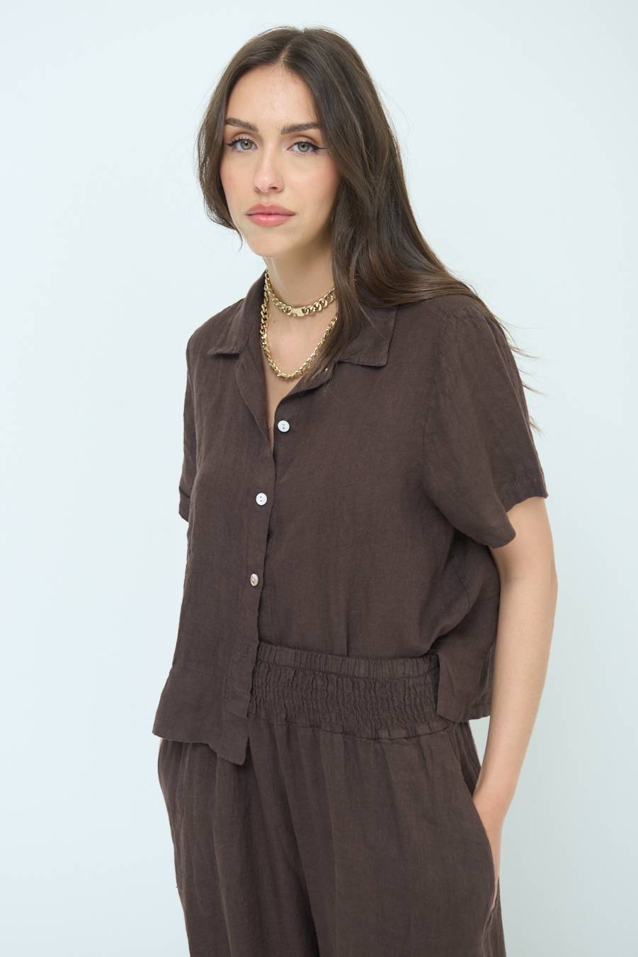 Kikisix CAMICIA LINO MEZZA MANICA CIOCCOLATO In Vendita