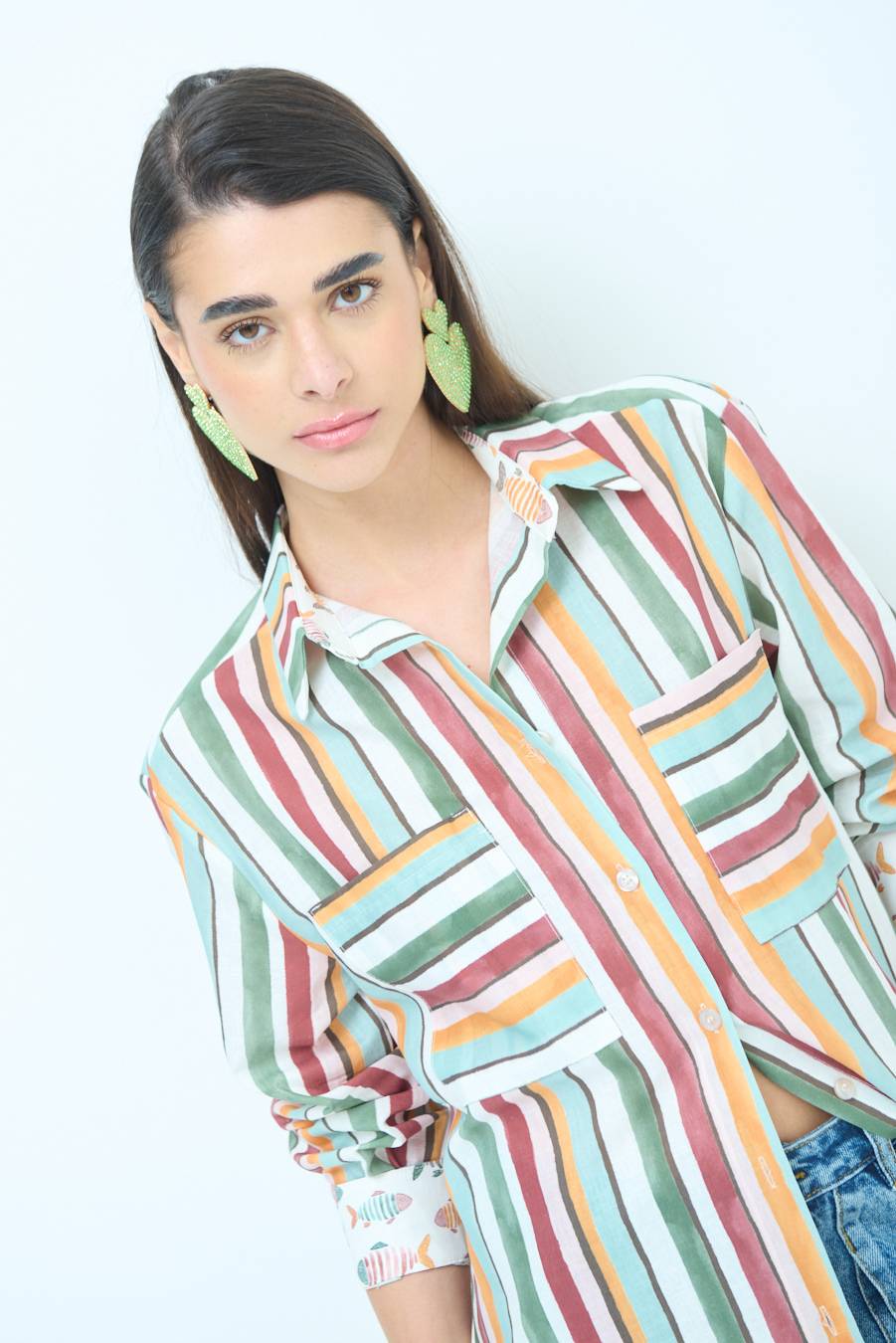 Kikisix CAMICIONE INSERTO RIGA. FANTASIA PESCE VERDE/OCRA Saldi Di Fabbrica