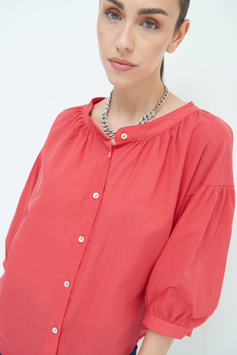 Kikisix CAMICIA SCOLLO INCRESPATO COTONE ROSSO Negozio