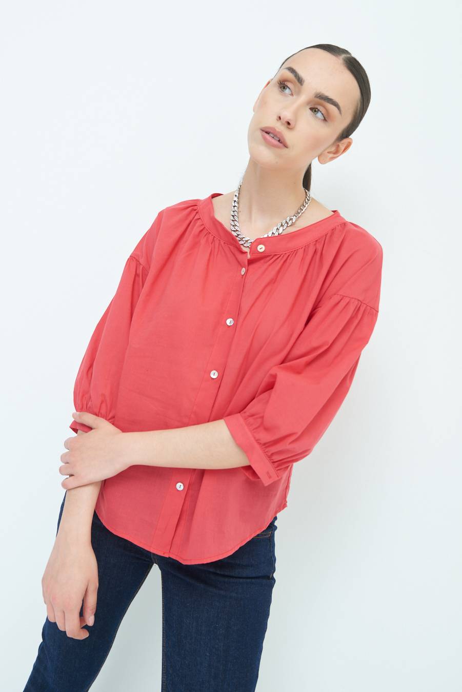 Kikisix CAMICIA SCOLLO INCRESPATO COTONE ROSSO Negozio
