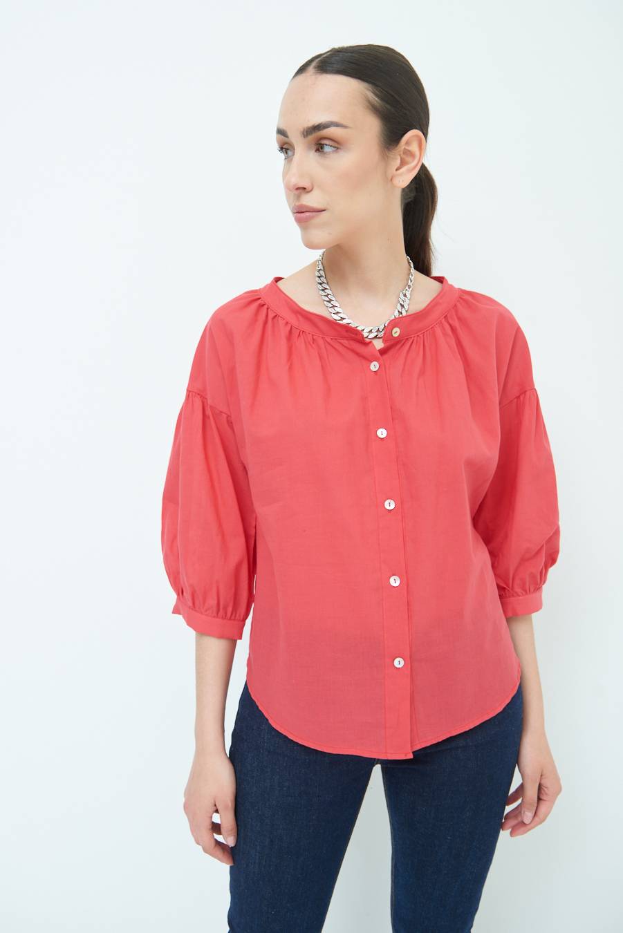 Kikisix CAMICIA SCOLLO INCRESPATO COTONE ROSSO Negozio