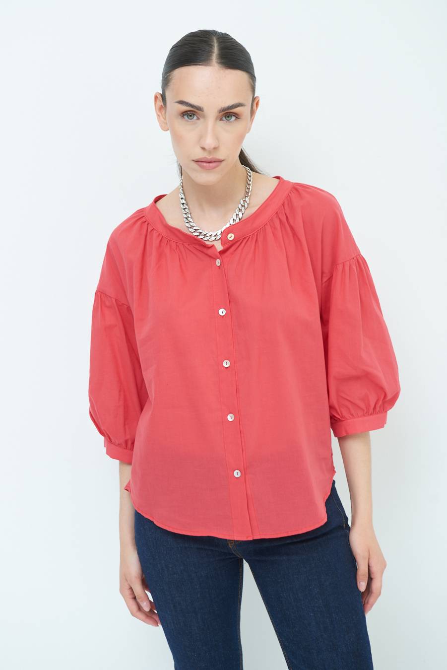Kikisix CAMICIA SCOLLO INCRESPATO COTONE ROSSO Negozio