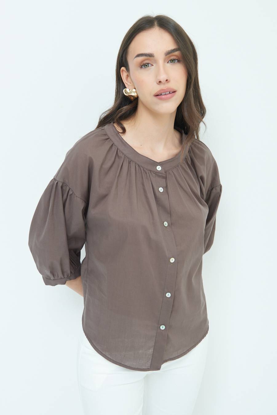 Kikisix CAMICIA SCOLLO INCRESPATO COTONE COFFEE In Saldo