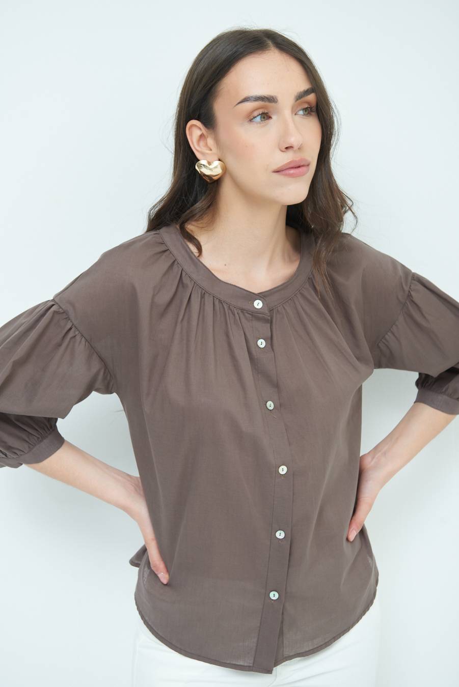 Kikisix CAMICIA SCOLLO INCRESPATO COTONE COFFEE In Saldo