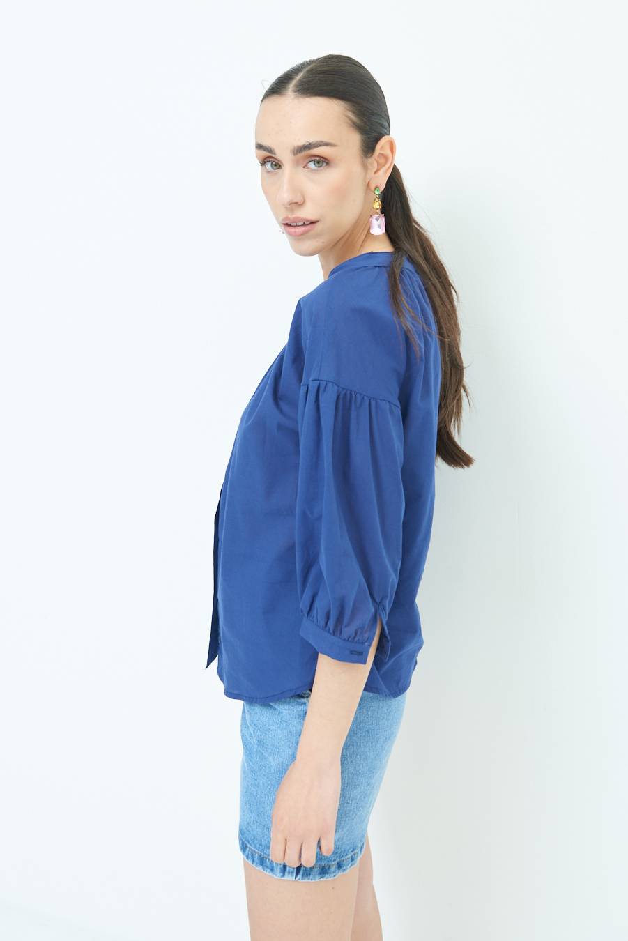 Kikisix CAMICIA SCOLLO INCRESPATO COTONE BLU Moda