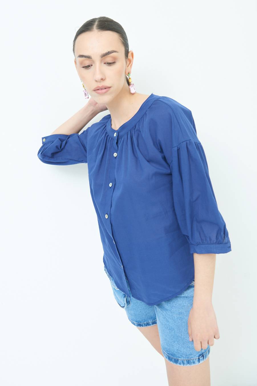 Kikisix CAMICIA SCOLLO INCRESPATO COTONE BLU Moda