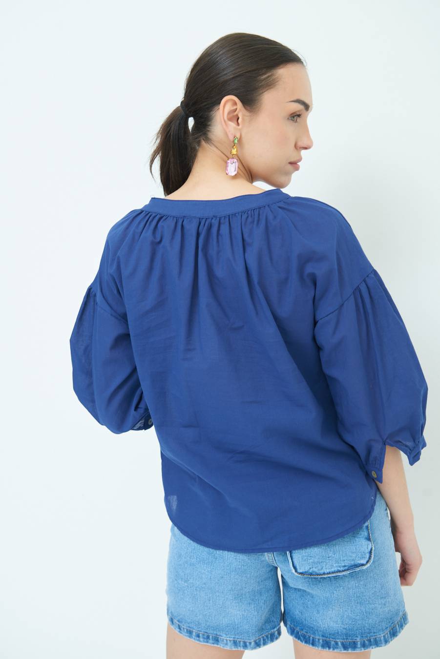Kikisix CAMICIA SCOLLO INCRESPATO COTONE BLU Moda