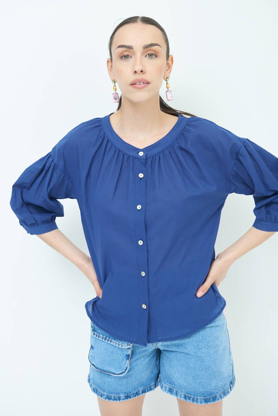 Kikisix CAMICIA SCOLLO INCRESPATO COTONE BLU Moda
